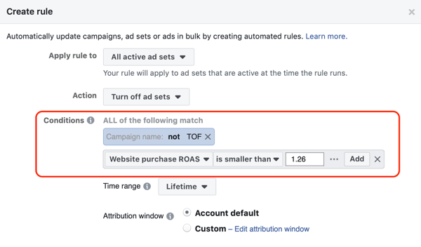 Käytä Facebookin automaattisia sääntöjä, lopeta mainosten asettaminen, kun ROAS laskee alle minimiarvon, vaihe 3, ehtoasetukset