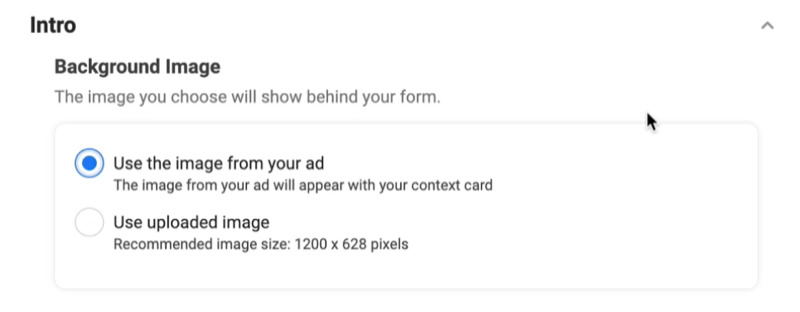 facebook-liidimainokset luovat uuden liidilomakkeen vaihtoehdon, jos haluat käyttää taustakuvaa valitessasi mainosvaihtoehdon kuvan
