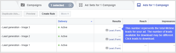 Facebook-Lead-mainosten tulokset