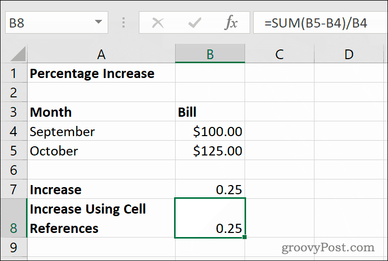 Esimerkki prosenttiosuuksien noususta Microsoft Excelissä