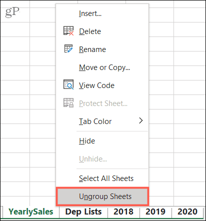 Poista taulukoiden ryhmittely Excelissä