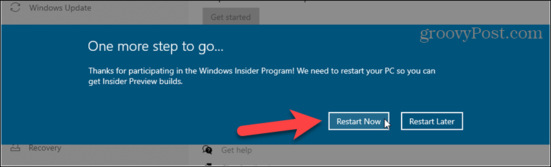 Aloita uudelleen, jotta voit viimeistellä rekisteröitymisen Windows Insider -koontiversioihin