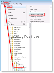 Windowsin rekisterieditori, joka mahdollistaa sähköpostien palauttamisen Inbox for Outlook 2007 Dword -sovellukseen