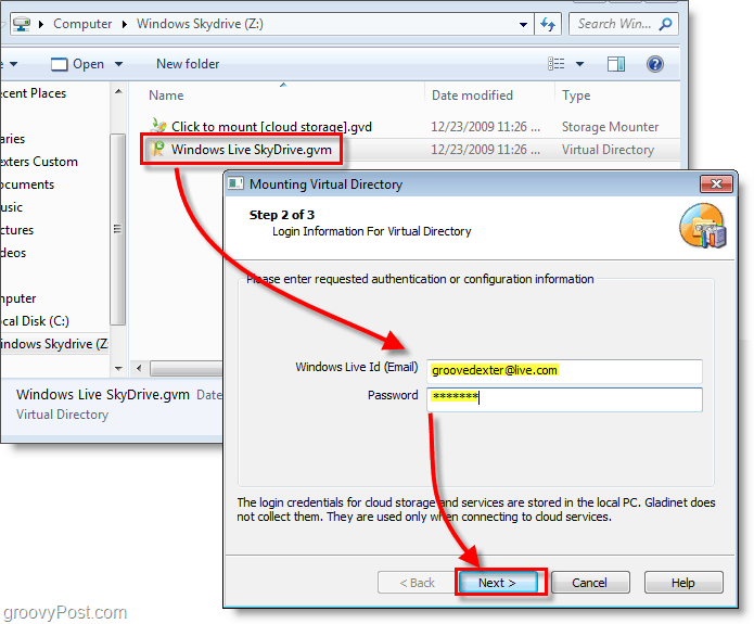 Napsauta Windows Live Skydrive.gvm-tiedostoa ja kirjoita Live-käyttäjänimesi ja salasanasi