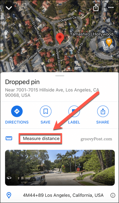 Google Maps mittaa etäisyyden painike matkapuhelimessa