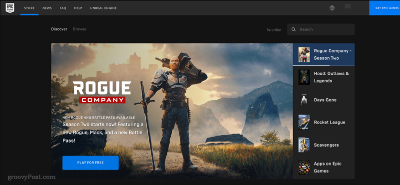 Kuvakaappaus, josta näkyy Epic Games Store -sivusto