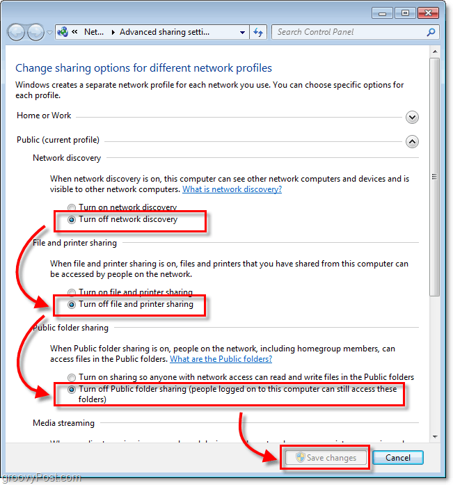 Kuinka poistaa tiedostojen jakaminen ja verkon etsiminen käytöstä Windows 7: ssä