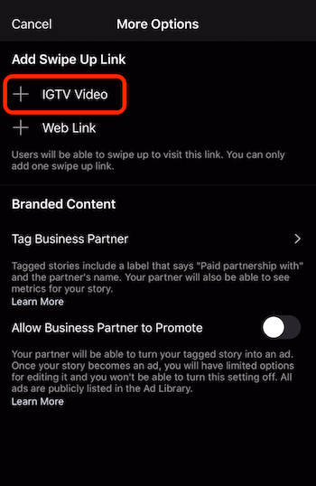 vaihtoehto lisätä pyyhkäisylinkki IGTV-videoon