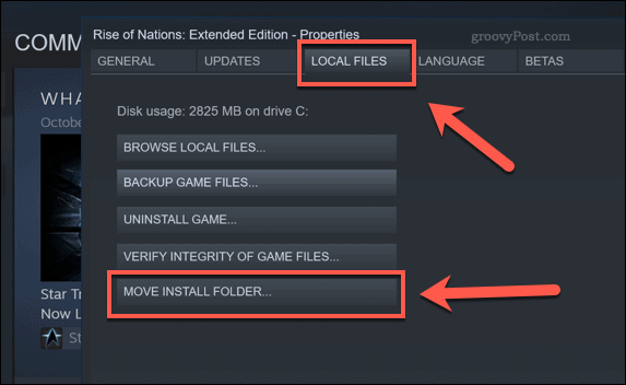 Steam Move Install Folder -vaihtoehtopainike