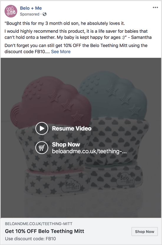 Tämä Facebook-mainos käyttää diaesitysvideota tietyn tuotteen alennuksen mainostamiseen.