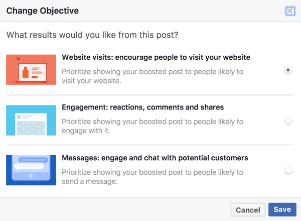 Tehostettujen viestien objektiiviset vaihtoehdot perustuvat Facebook-viestissä käytettyyn mediaan.