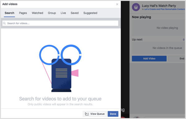 Valitse lähde lisätäksesi videoita Facebook-katselujuhlijonoosi.
