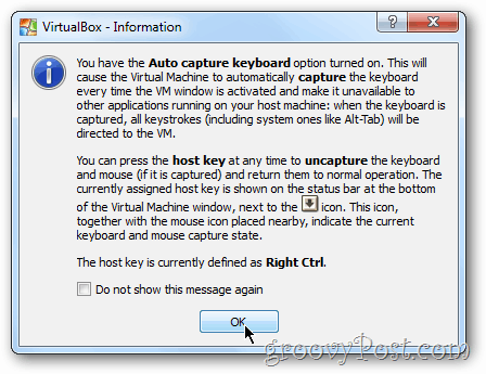 VirtualBox Windows 8 -varoitus näppäimistöltä