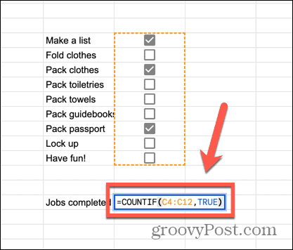 google sheets countif-kaava