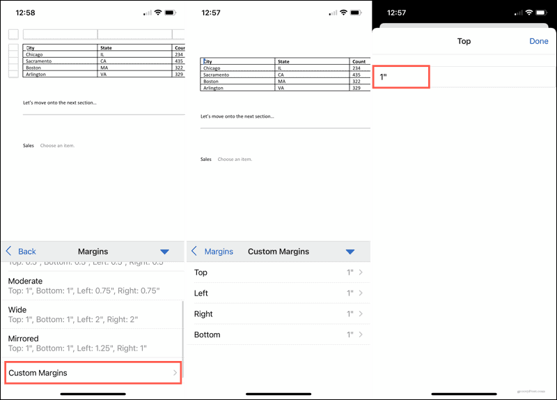 Muokatut marginaalit Wordissa mobiililaitteilla