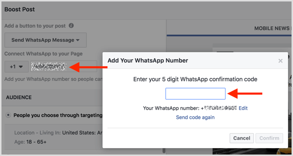 Anna tekstiviestitse saamasi vahvistuskoodi yhdistääksesi WhatsApp Business -tilisi Facebookiin.