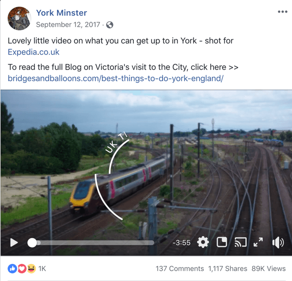 Esimerkki Facebook-viestistä, joka sisältää matkailuneuvontaa York Minsteriltä.
