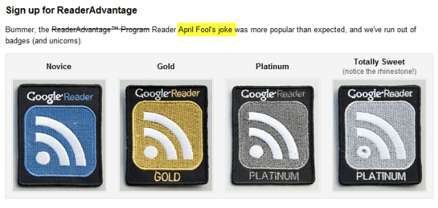 Google Reader 2010 huhtikuun Fools Reader Advantage -merkki