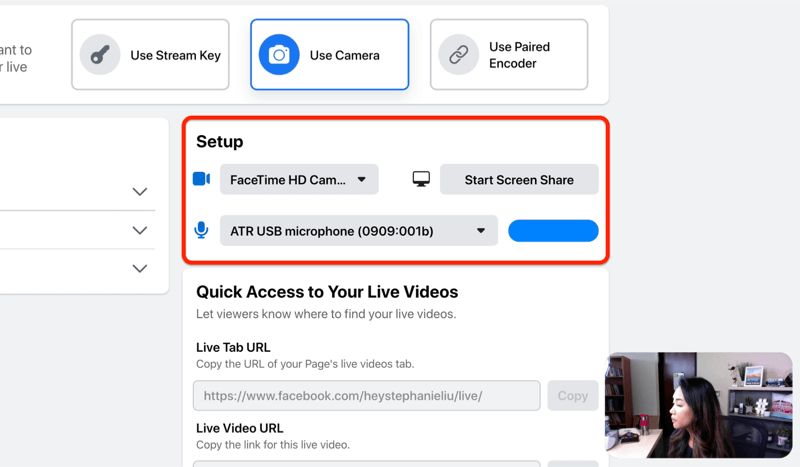 facebook live stream -asetusvaihtoehto kameran ja mikrofonin ja / tai näytön jaon valitsemiseksi
