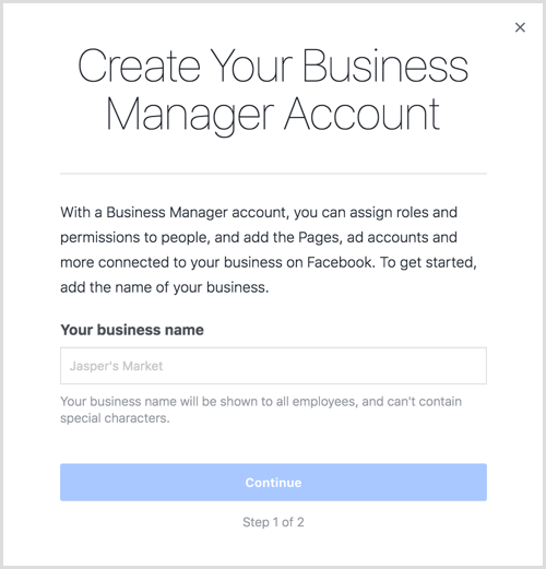 Anna yrityksesi nimi luodaksesi Business Manager -tilisi.