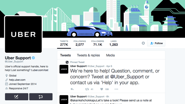 Uberilla on erillinen Twitter-kahva Uber-tukea varten.