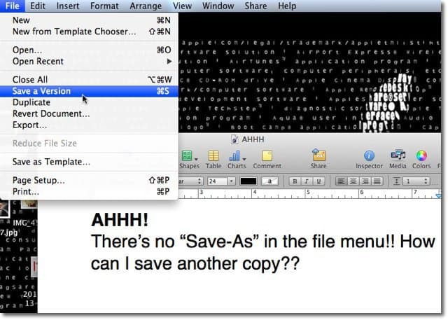 Mac OS X Lion: Save-as versioiden kanssa