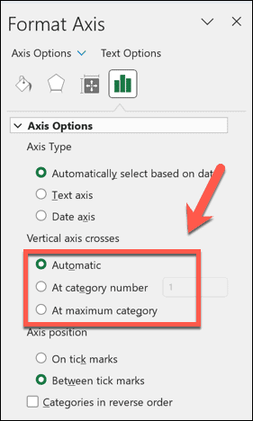 Excel-akseli risteää vaihtoehdot