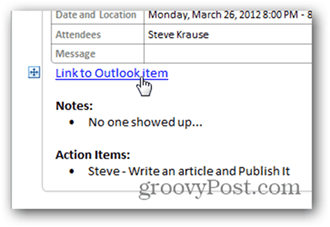 Napsauta Linkki takaisin Outlook-kalenterikohtaan