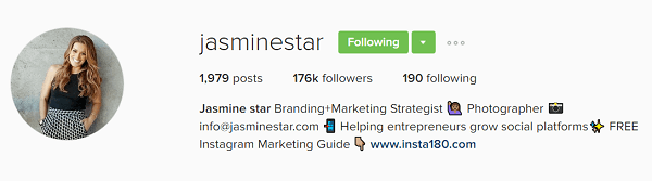 Jasmine Starin Instagram-profiilibio näyttää hänen arvonsa.