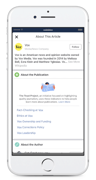 Facebook aloittaa uusien julkaisijoiden luottamusindikaattorien näyttämisen uutissyötteessä jaetuille artikkeleille.